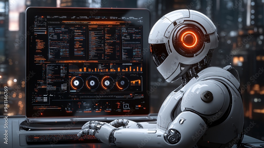 Poster An AI-powered system analyzing massive datasets to provide actionable insights in a corporate setting Stock Photo with copy space