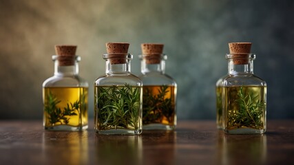 Assorted glass bottles of infused oils with herbs.