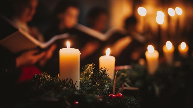 Christmas church choir performing by candlelight during a festive service