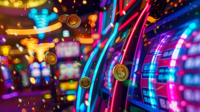 A casino slot machine with rotating reels and coins flying in a vibrant neon-lit environment