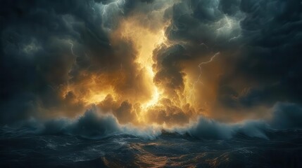 Fototapeta premium dramatic seascape with towering storm waves lightning illuminating turbulent skies raw power of nature unleashed