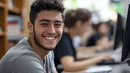 Fototapeta premium A young man smiles at the camera in a computer lab.