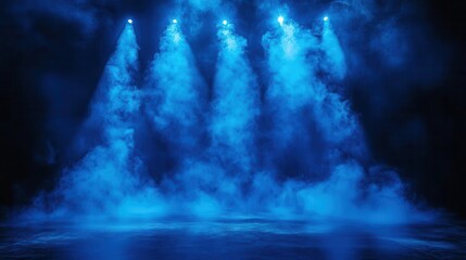dramatic stage with ethereal blue spotlights piercing through atmospheric smoke dynamic lighting effects depth and moody ambiance perfect for concerts or theatrical performances