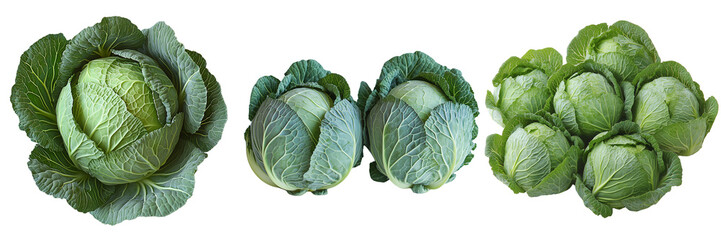Fresh organic cabbage heads isolated on a transparent background showcasing green leafy vegetables ideal for healthy meals, vegan dishes, and nutritious diets