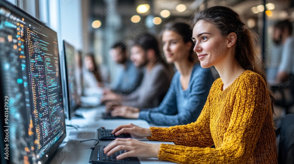 Aufkleber a tech startup team using ai-driven collaboration tools to develop innovative solutions in a modern 