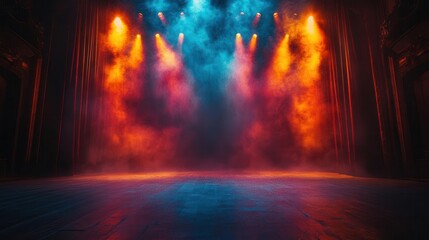 dramatic theater stage bathed in vibrant colored spotlights empty performance space rich velvet curtains atmospheric fog anticipation of show
