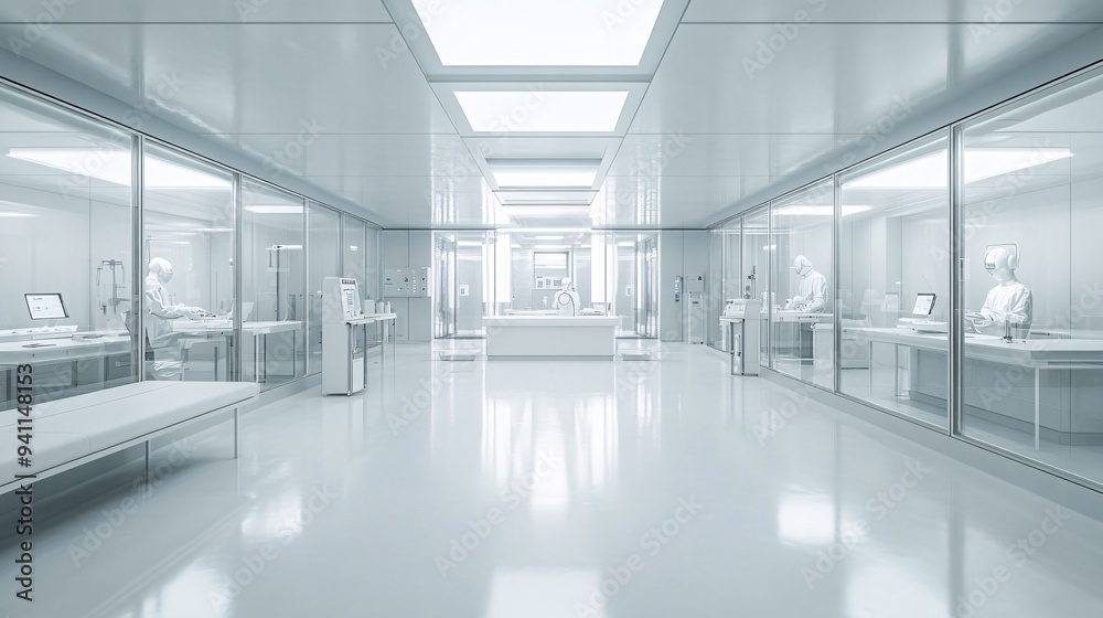 Poster A futuristic research lab where AI-driven systems assist scientists in groundbreaking discoveries Stock Photo with copy space