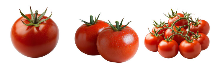 Fresh ripe tomatoes isolated on transparent background, showcasing vibrant red color and smooth texture, perfect for salads, cooking, and healthy food presentations