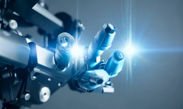 A robot with a helmet on its head. The robot is wearing a silver suit and has a black stripe on its chest