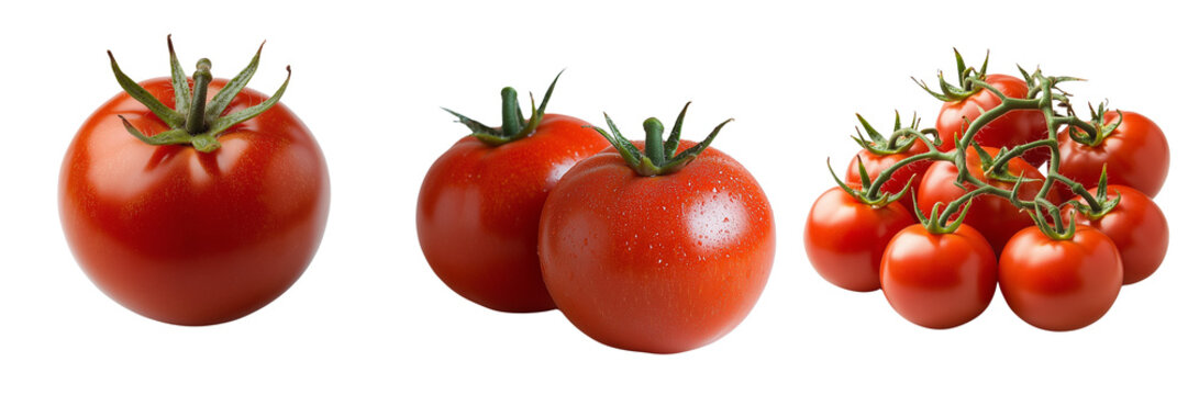 Fresh ripe tomatoes isolated on transparent background, showcasing vibrant red color and smooth texture, perfect for salads, cooking, and healthy food presentations
