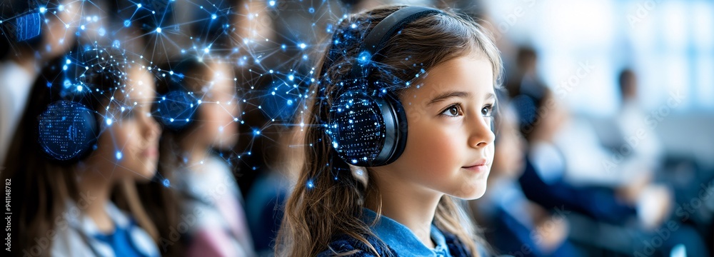 Poster a classroom setting where students are learning with the aid of an ai-powered educational tool demon