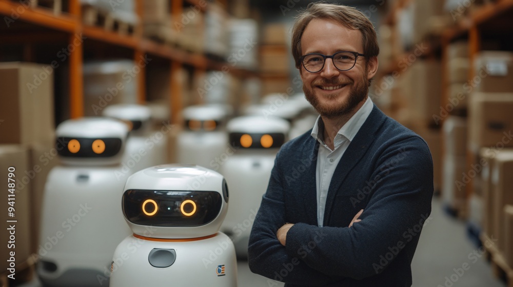 Aufkleber A logistics manager in a warehouse tracking shipments with AI software as autonomous robots move packages in the background Stock Photo with copy space