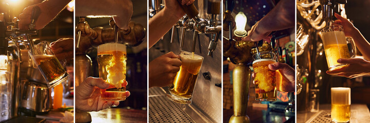Hands skillfully pouring golden beer from classic taps, filling frosty glasses. The glow of amber...