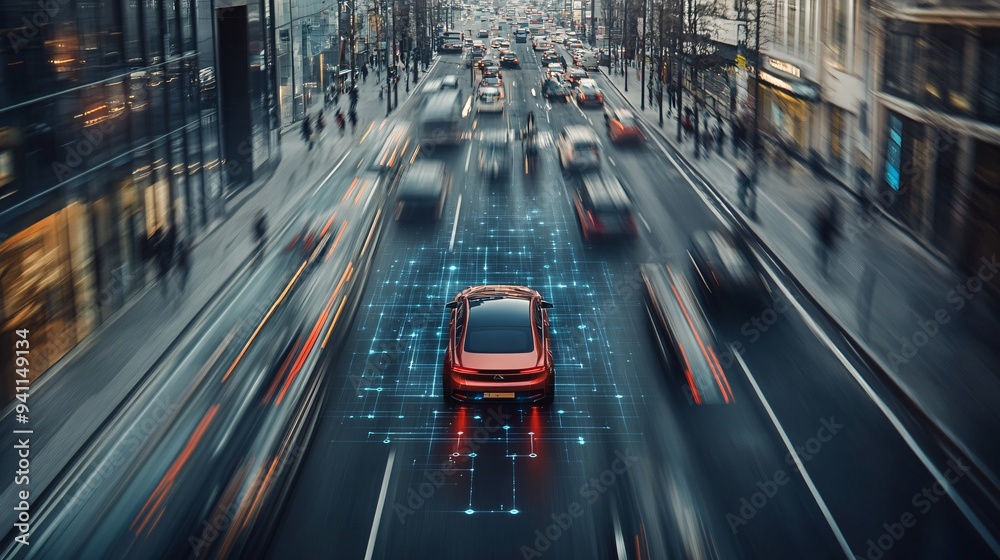 Poster An autonomous vehicle navigating through a busy city street with sensors and AI systems ensuring safe travel Stock Photo with copy space