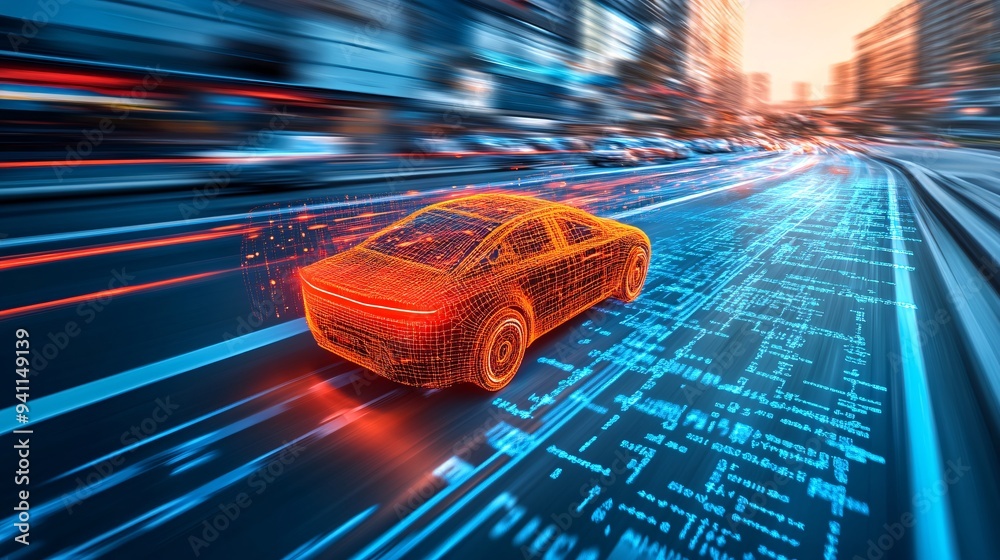 Poster An autonomous vehicle navigating through a busy city street with sensors and AI systems ensuring safe travel Stock Photo with copy space