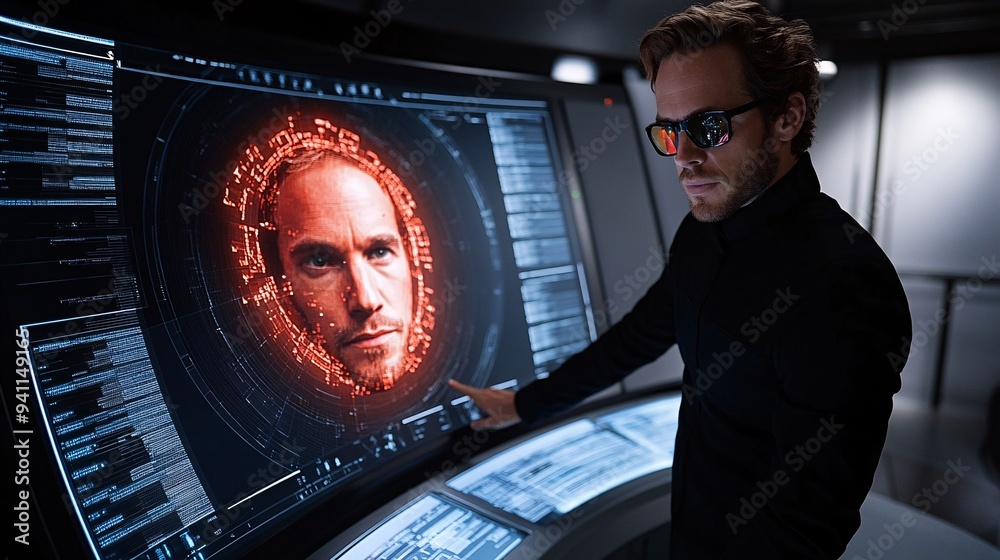 Poster A creative professional in a studio using AI-driven design software to create complex visual effects on a large screen Stock Photo with copy space