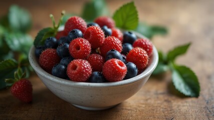 Assorted fresh berries in a bowl with green leaves.
