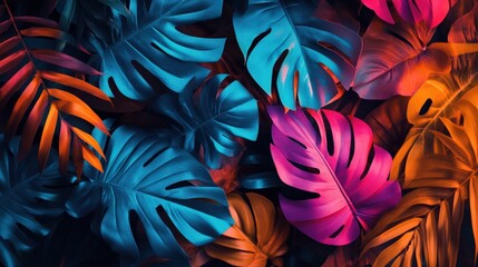 Vibrant tropical leaves in blue, pink, and orange hues create a lively, textured background.