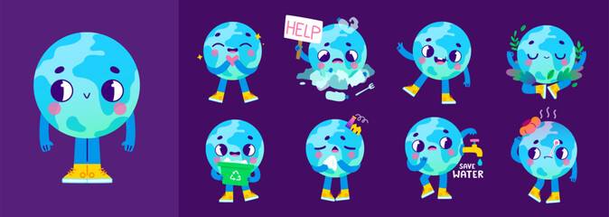 Retro cartoon eco mascot. Vector set with funny earth planet. World globe with cute face pose bundle.