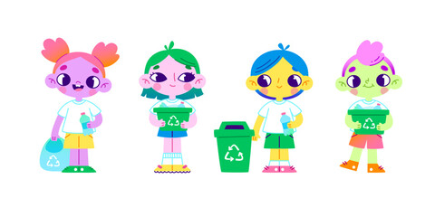 Cartoon eco volunteers children set. Vector funny diverse kids collection about recycling.