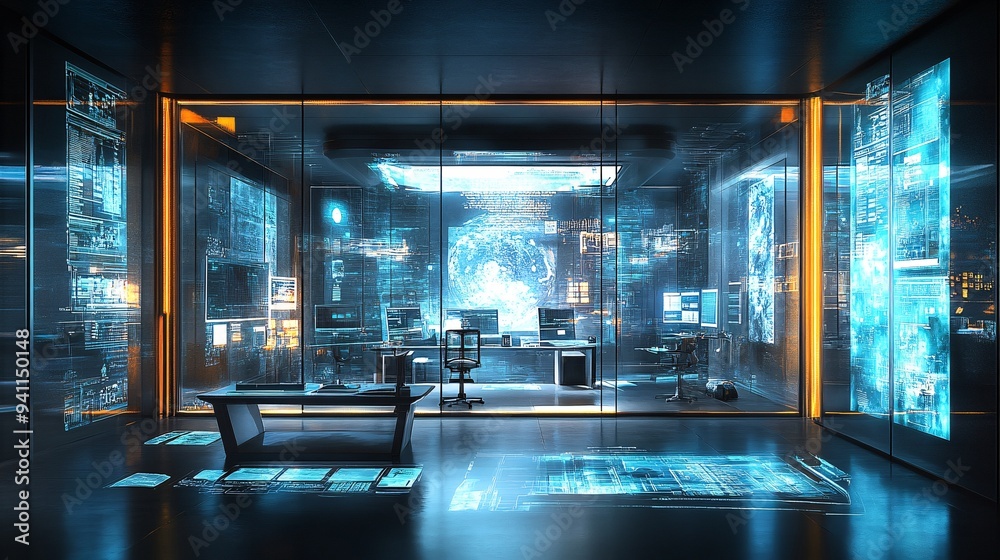 Poster A high-tech workspace with holographic AI interfaces allowing professionals to manipulate data in a 3D environment Stock Photo with copy space