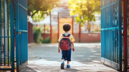 A young boy walks through a gate at school.