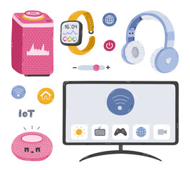 Cute cartoon set with entertainment smart devices controlling via mobile phone. Hand drawn virtual AI voice assistant, smart TV, wireless headphones. Intelligence machine to get multimedia isolated