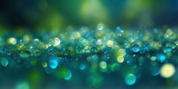 Abstract image of shimmering particles in green and blue hues.