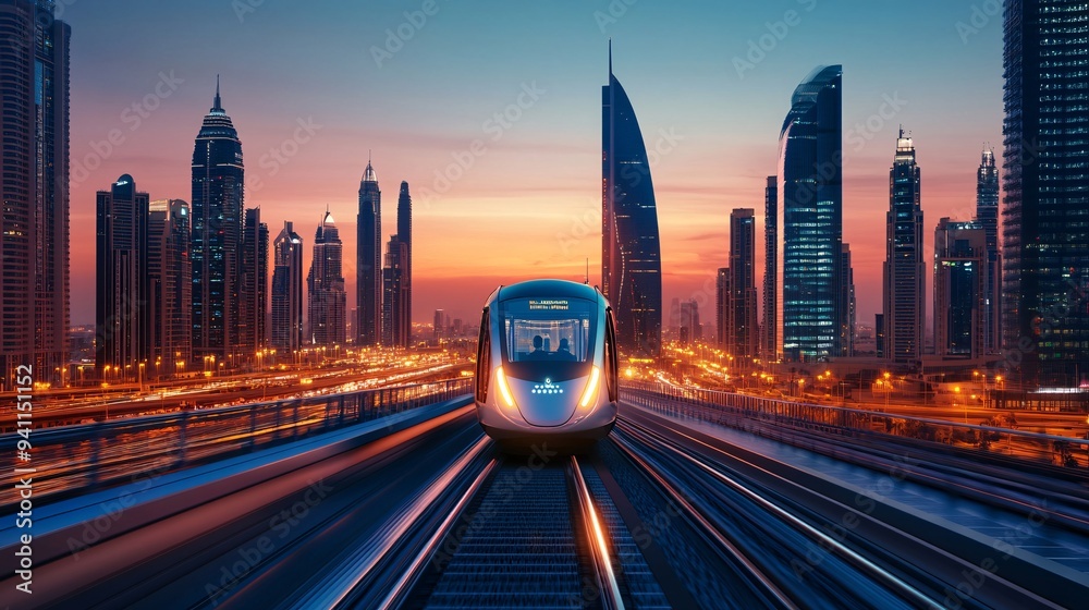 Poster a futuristic city managed by ai with smart buildings and autonomous public transportation systems st