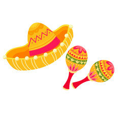 Mexican Traditional Clothes Sombrero Hat Maraca, Mexico Cinco De Mayo Holiday Flat Vector Illustration. Cinco de Mayo Mexican Hat, Maracas Cartoon Clipart. Mexican poncho icon