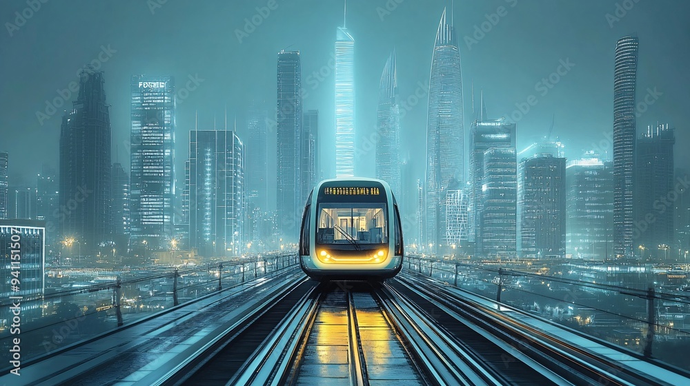 Poster a futuristic city managed by ai with smart buildings and autonomous public transportation systems st
