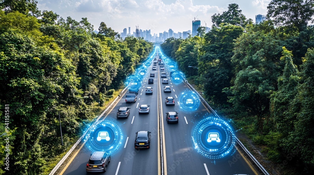 Poster a futuristic city managed by ai with smart buildings and autonomous public transportation systems st