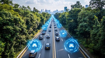 A futuristic city managed by AI with smart buildings and autonomous public transportation systems Stock Photo with copy space