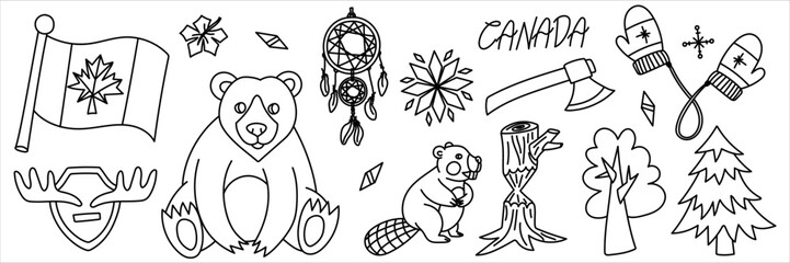set of vector doodle illustrations on a Canadian theme in a flat contour style. Canada Day. Individual objects, animals on a white background. It is ideal for creating souvenirs and printed products.