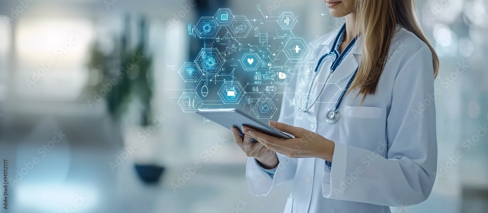 Poster A healthcare professional analyzing patient data with the help of AI software predicting outcomes and suggesting treatments Stock Photo with copy space