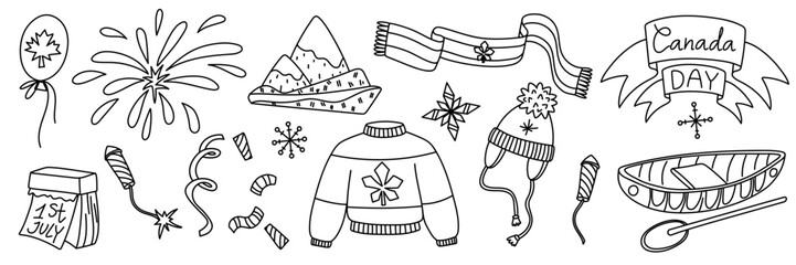 A set of vector doodle illustrations on a Canadian theme in a flat contour style. Canada Day. Individual objects, recreation on a white background. Ideal for creating handmade souvenirs.