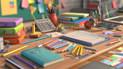 back to school concept book pencels table classroom claculator
