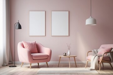 Minimalist Living Room with Pink Armchair and Blank Frames