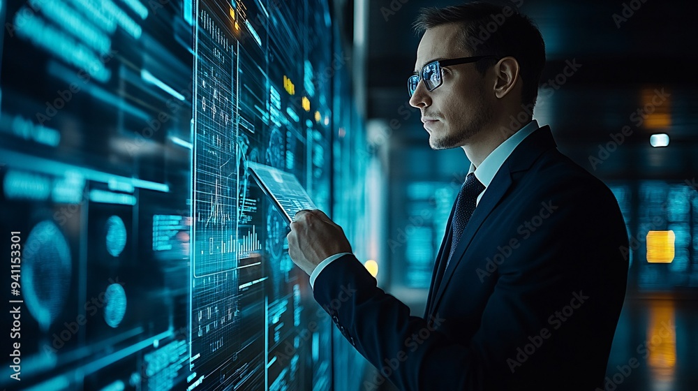 Poster a business executive reviewing ai-generated market analysis reports in a modern office setting stock