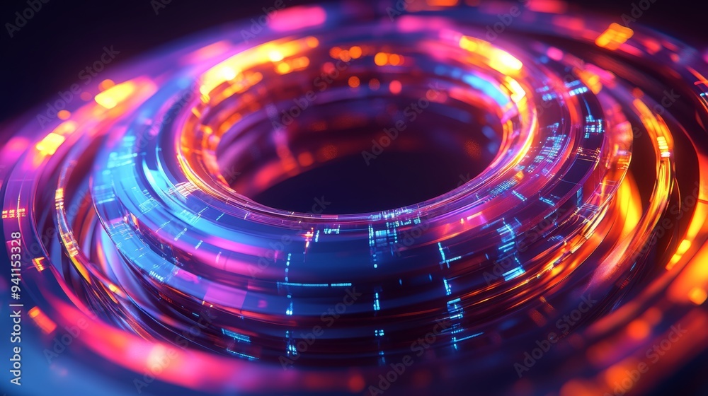 Poster glowing neon rings stacked in a futuristic design, creating a vibrant and dynamic abstract pattern