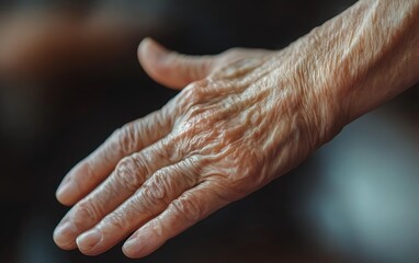 Close-up of an elderly person's hand, showing wrinkled skin and prominent veins.