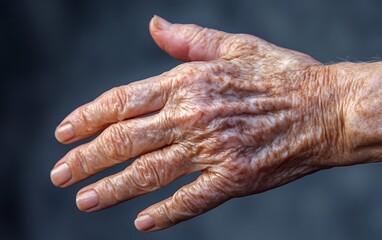Fototapeta premium Closeup of an elderly woman's hand with wrinkled skin and visible veins.