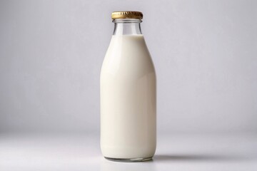 Glass bottle filled with fresh milk on white background.