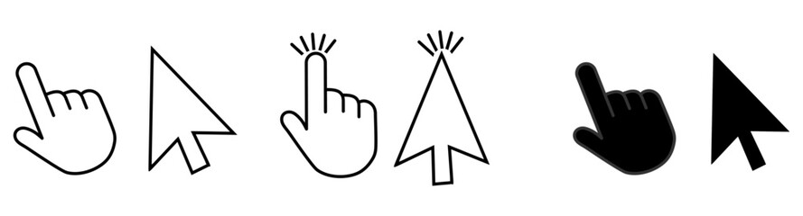 Cursor icons set in hand, arrow and mouse forms, mouse click cursor set, arrow and hand pointer 