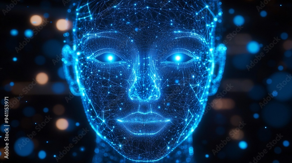 Poster An abstract image of a digital human face made up of data points and lines representing AI-driven identity recognition Stock Photo with copy space