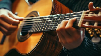 Fototapeta premium A musician plays an acoustic guitar.