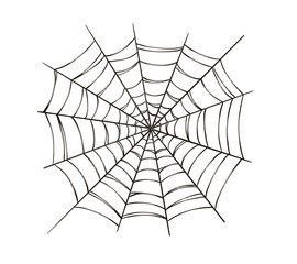 Obraz premium Spider web circle black with reflection in cartoon style. Hand drawn dark Halloween decor of silk threads outline illustration. Isolated drawing for autumn graphic and spooky season designs.