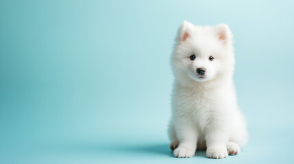 Fluffy Samoyed puppy sitting with its head tilted to the right. The light blue background