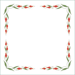 Green vegetal floral frame with leaves and red flowers, decorative corners for greeting cards, banners, business cards, invitations, menus. Isolated vector illustration.	
