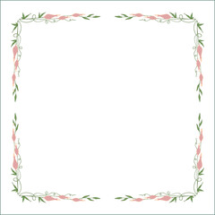 Green vegetal floral frame with leaves and pink flowers, decorative corners for greeting cards, banners, business cards, invitations, menus. Isolated vector illustration.	
